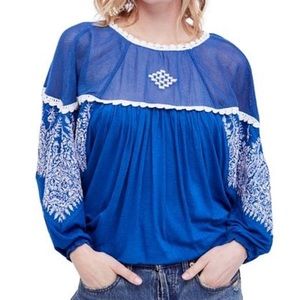 Free People Carly Embroidered Blouse In Blue [J16]